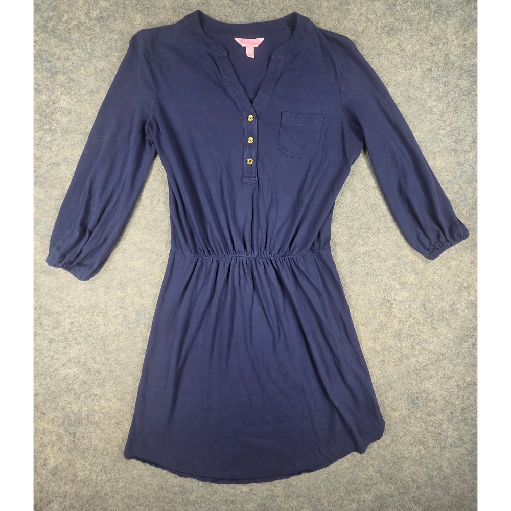 Lilly Pulitzer Navy Blue Pima Cotton Henley Dress 3/4 Sleeve Small